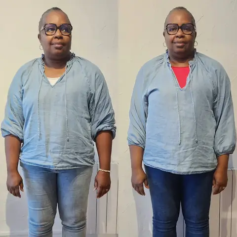 Montage avant-après d’une membre d’Anjou Nutrition, cadrée de face